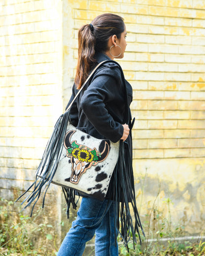 MOUSM Genuine Cowhide Leather Shoulder Bag for Women - Colorful Bull Head Print Patch on Real Hair-On  Cow Hide Front with Long Black Leather Fringe Both Sides, High-Quality Zipper Closure