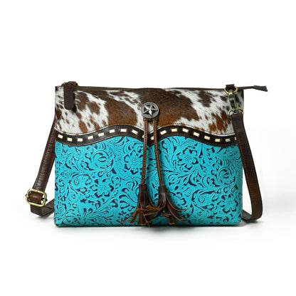 MOUSM Genuine Cow Leather Crossbody Bag - Real Hair-On Cow Hide Patch, Flower Embossed Turquoise Design, High-Quality Zipper Closure with Removable and Adjustable Strap