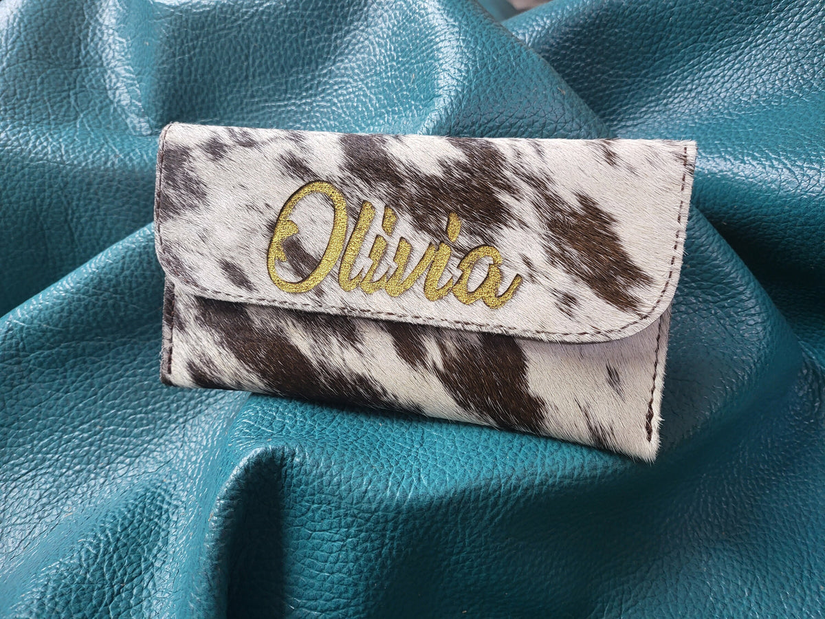 MOUSM Personalized Name Ladies Clutch Bag Made from Natural Hair-On Cowhide Leather, Handmade Leather Wallet for Party &amp; Evening with Two Magnetic Snap Closure Buttons