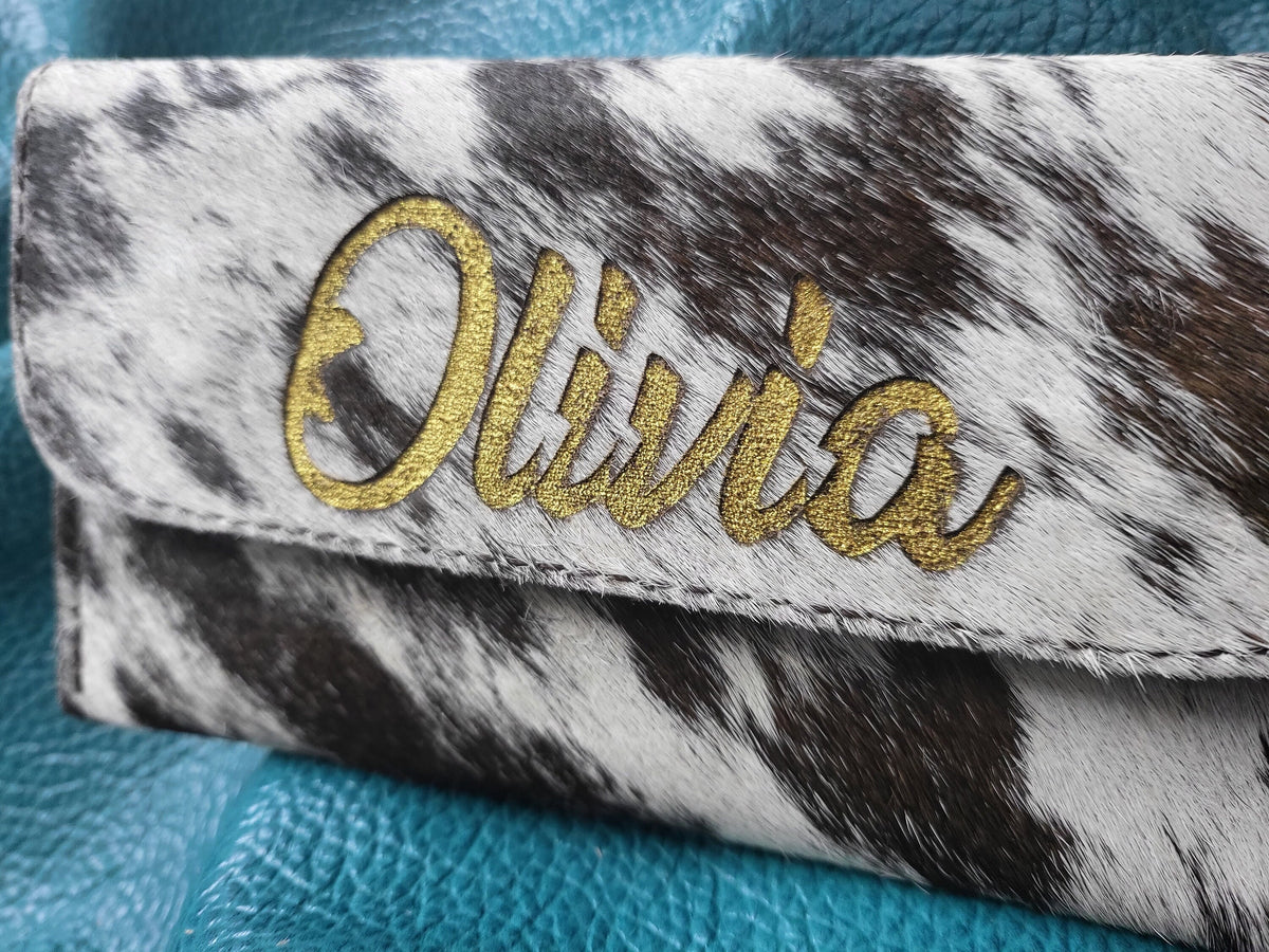 MOUSM Personalized Name Ladies Clutch Bag Made from Natural Hair-On Cowhide Leather, Handmade Leather Wallet for Party &amp; Evening with Two Magnetic Snap Closure Buttons