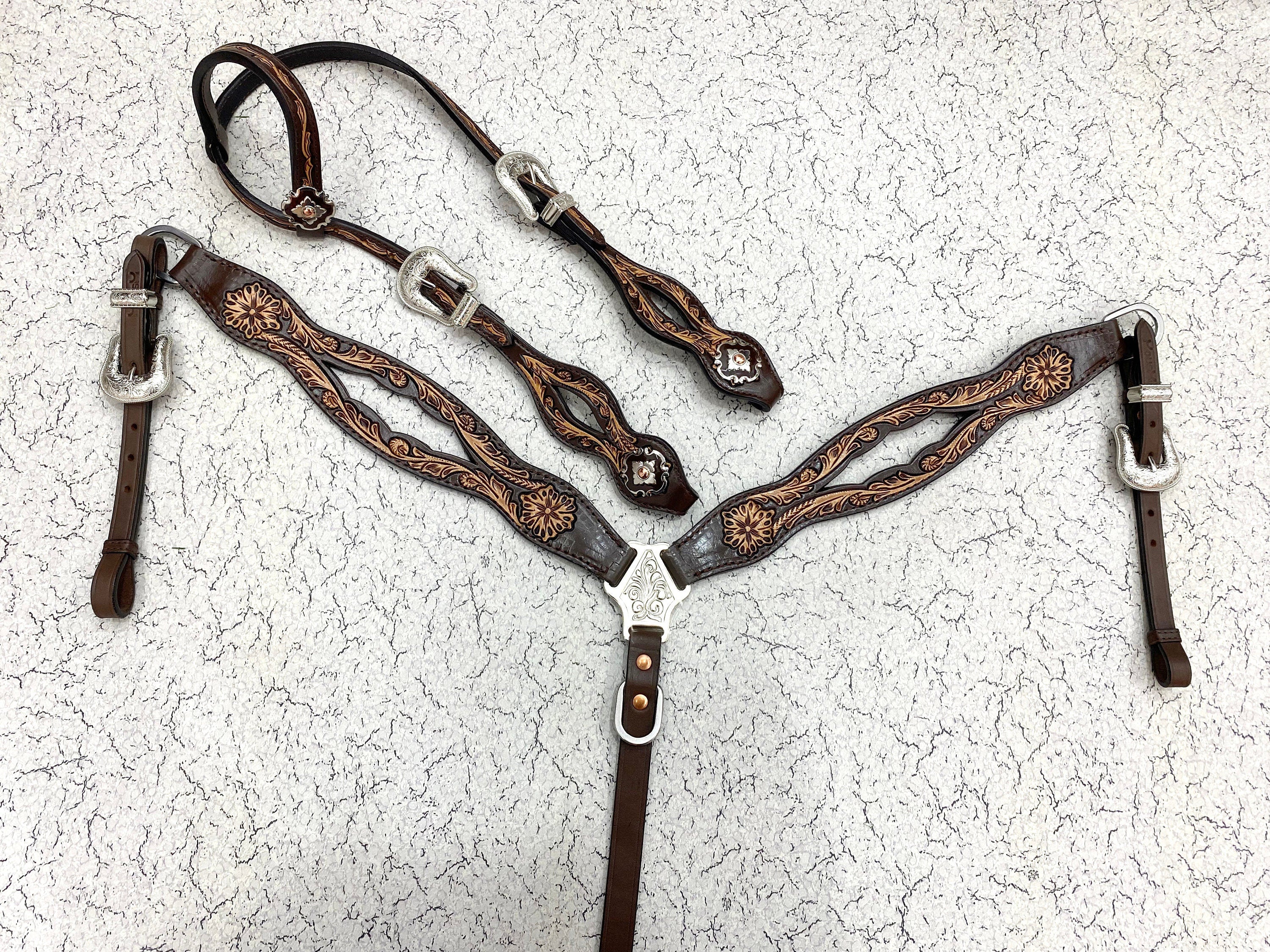 MOUSM Western Headstall &amp; Breast Collar Set – Made from Argentina Cow Leather, Western Horse Tack Set Decorated Hand-Tooled &amp; Hand-Painted Floral Design
