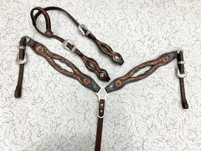 MOUSM Western Headstall &amp; Breast Collar Set – Made from Argentina Cow Leather, Western Horse Tack Set Decorated Hand-Tooled &amp; Hand-Painted Floral Design