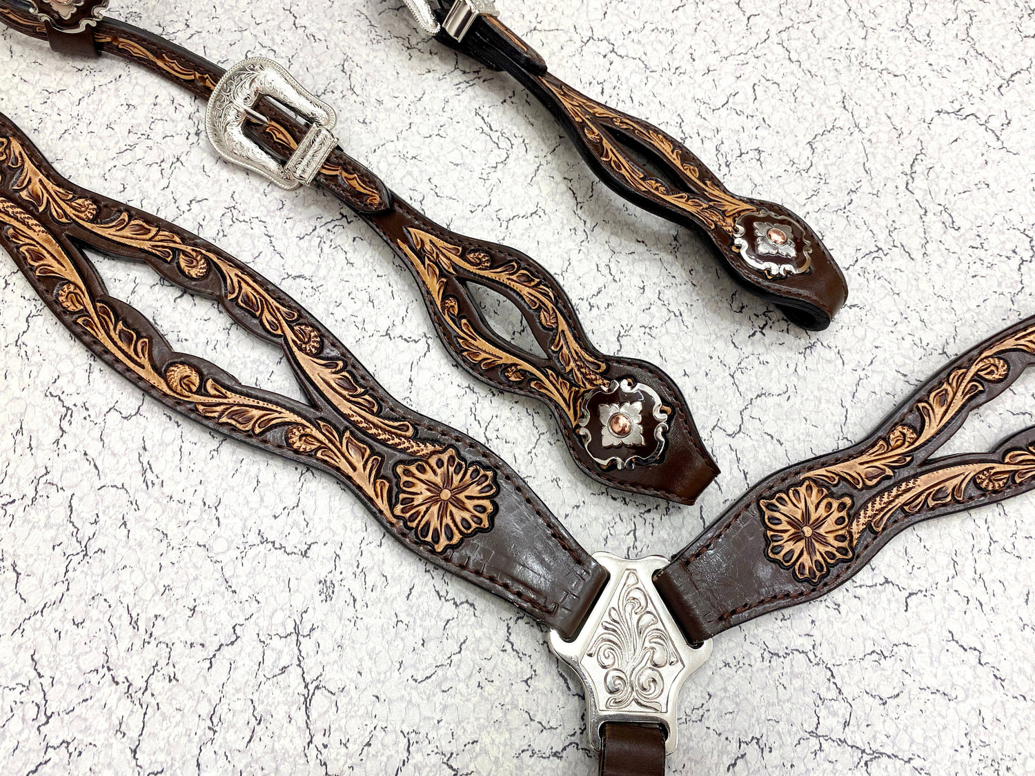 MOUSM Western Headstall &amp; Breast Collar Set – Made from Argentina Cow Leather, Western Horse Tack Set Decorated Hand-Tooled &amp; Hand-Painted Floral Design
