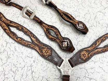 MOUSM Western Headstall &amp; Breast Collar Set – Made from Argentina Cow Leather, Western Horse Tack Set Decorated Hand-Tooled &amp; Hand-Painted Floral Design