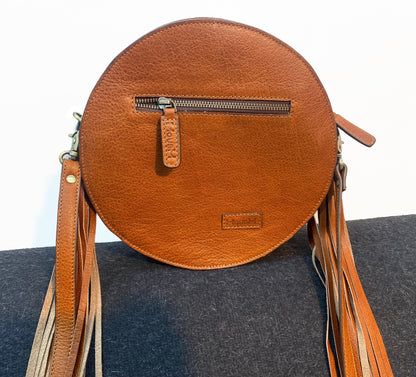 MOUSM Full Grain Cow Hide Leather Crossbody Bag - Small Round Ladies Bag Decorated with Hand-Painted Deer in Forest Carving with Rope Border &amp; Leather Tassel Fringe, High-Quality Zipper Closure with Removable and Adjustable Strap
