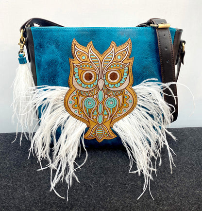 MOUSM Genuine Wax Leather Crossbody Bag – Ladies Bag Decorated with Hand-Painted Light Brown OWL Patch &amp; Ostrich Feather Fringe, High-Quality Zipper Closure with Removable and Adjustable Strap - Boho Western Style Purse for Women