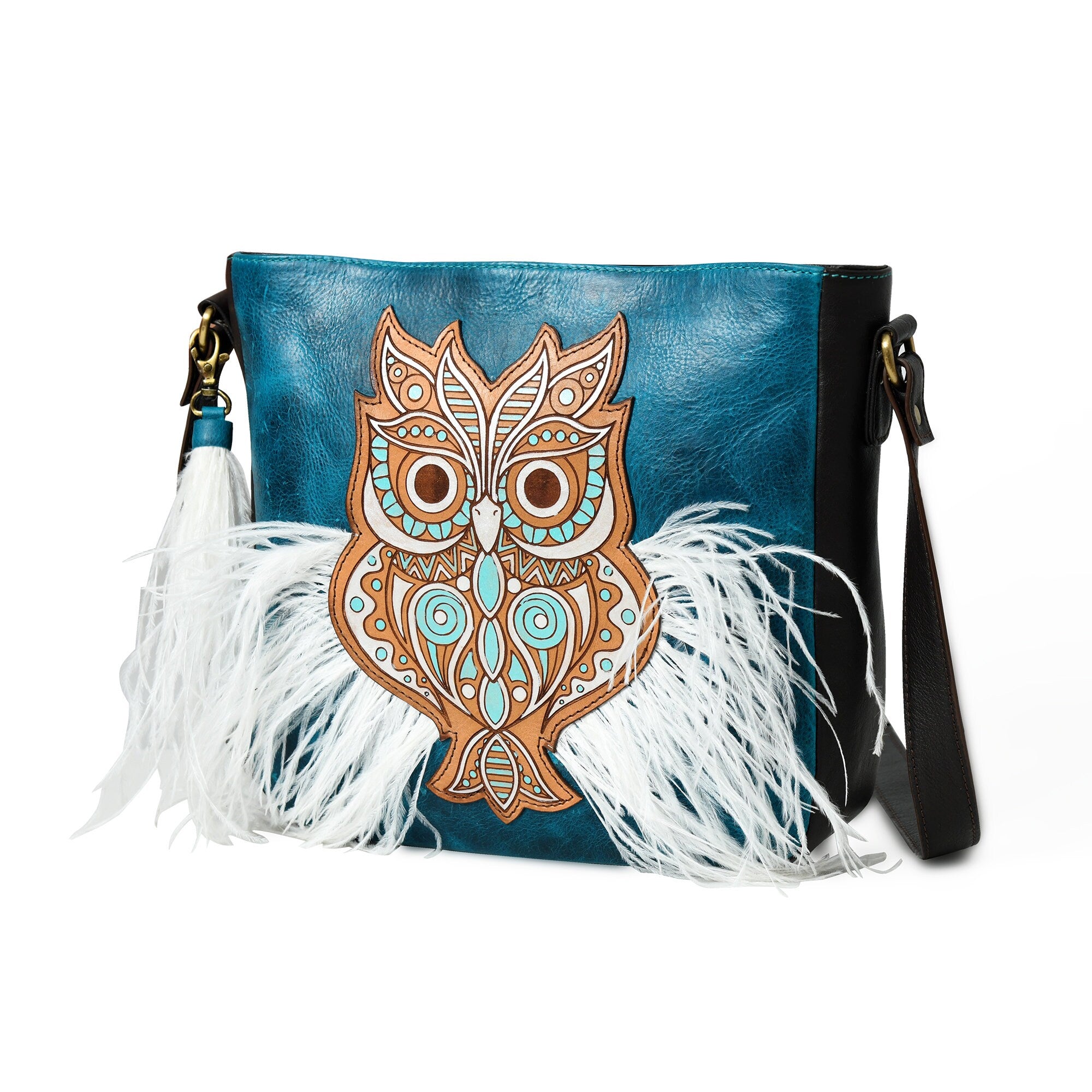 MOUSM Genuine Wax Leather Crossbody Bag – Ladies Bag Decorated with Hand-Painted Light Brown OWL Patch &amp; Ostrich Feather Fringe, High-Quality Zipper Closure with Removable and Adjustable Strap - Boho Western Style Purse for Women