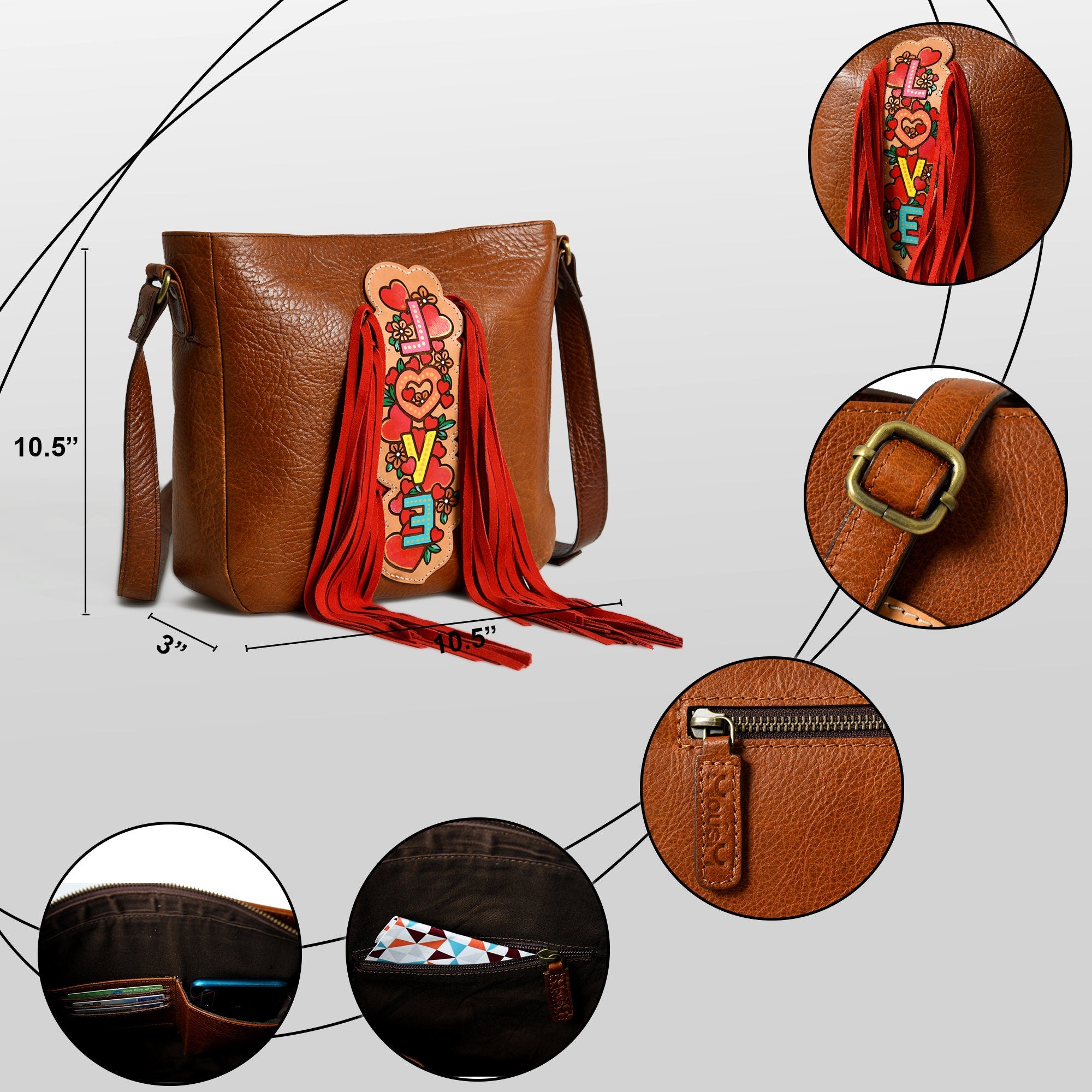MOUSM Top Grain Cow Hide Leather Shoulder Bag - Leather Bag with Hand-Painted Colorful LOVE Text Patch with Long Red Fringe, High-Quality Zipper Closure and Adjustable Strap