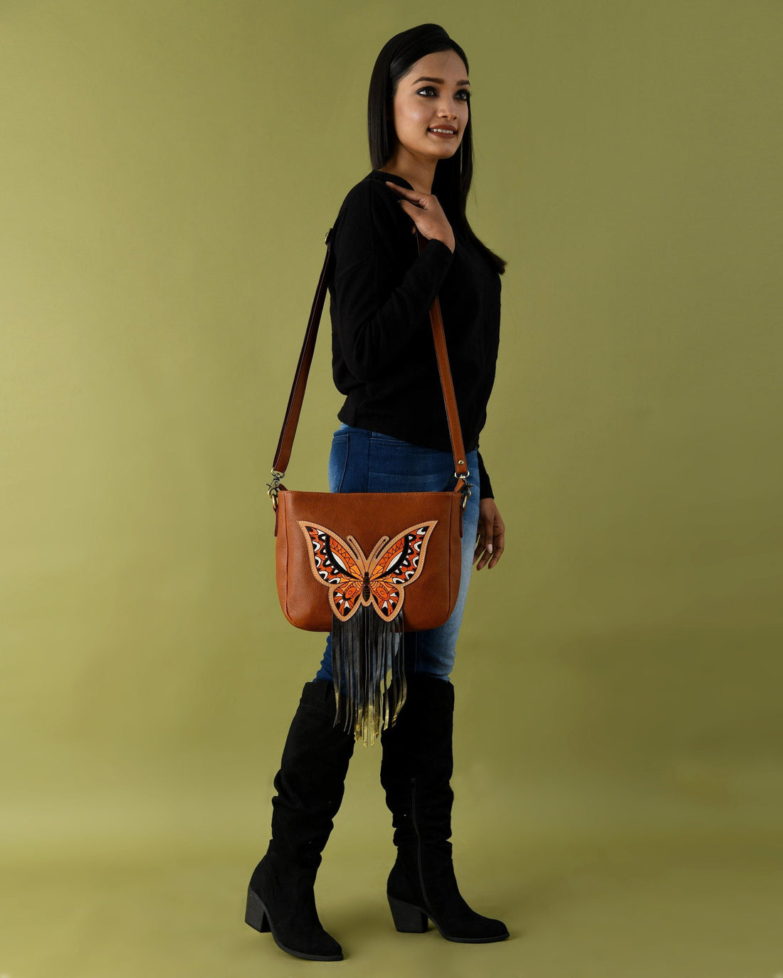 MOUSM Top Grain Genuine Leather Shoulder Bag - Ladies Purse Decorated with Hand-painted Butterfly Patch Carving &amp; Fringe, High-Quality Zipper Closure with Removable and Adjustable Strap
