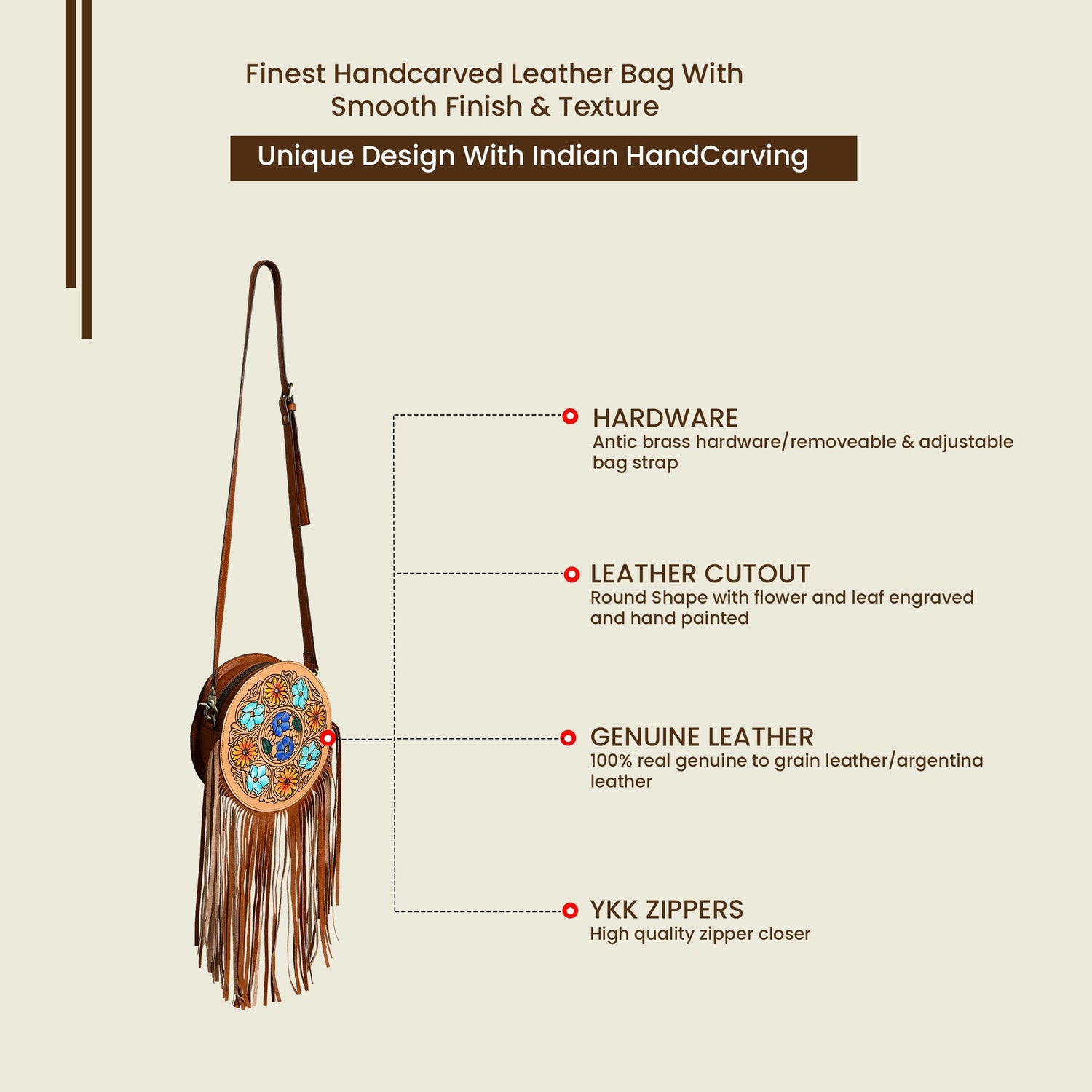 MOUSM Full Grain Cow Hide Leather Crossbody Bag - Small Round Ladies Bag Decorated with Hand-Painted Flower and Leaf Carving with Leather Fringe, High-Quality Zipper Closure with Removable and Adjustable Strap