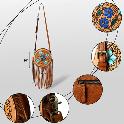 MOUSM Full Grain Cow Hide Leather Crossbody Bag - Small Round Ladies Bag Decorated with Hand-Painted Flower and Leaf Carving with Leather Fringe, High-Quality Zipper Closure with Removable and Adjustable Strap