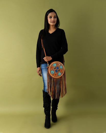 MOUSM Full Grain Cow Hide Leather Crossbody Bag - Small Round Ladies Bag Decorated with Hand-Painted Flower and Leaf Carving with Leather Fringe, High-Quality Zipper Closure with Removable and Adjustable Strap
