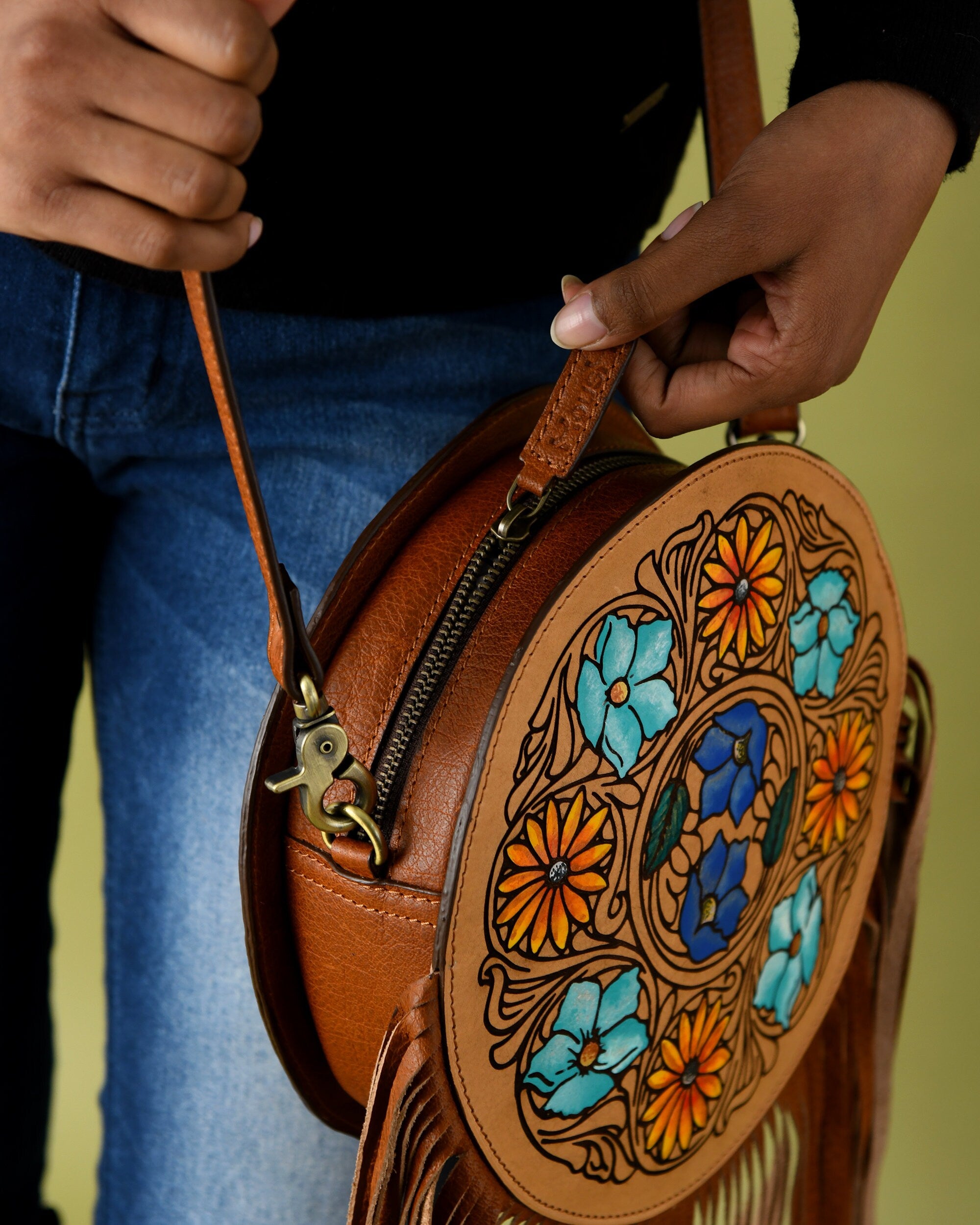 MOUSM Full Grain Cow Hide Leather Crossbody Bag - Small Round Ladies Bag Decorated with Hand-Painted Flower and Leaf Carving with Leather Fringe, High-Quality Zipper Closure with Removable and Adjustable Strap