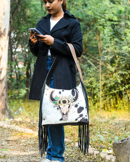 MOUSM Genuine Cowhide Leather Shoulder Bag for Women - Colorful Bull Head Print Patch on Real Hair-On  Cow Hide Front with Long Black Leather Fringe Both Sides, High-Quality Zipper Closure