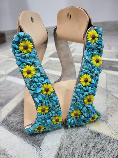 Western Twisted angle  Aluminium Barrel Stirrups with Turquoise Crushed stones &amp; Sunflower studs