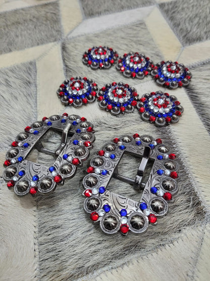 Antique Conchos Decorated with Red Royal White Stones Bling Buckle Set Handcrafted Mandala Design Floral Pattern Western Conchos for Saddle