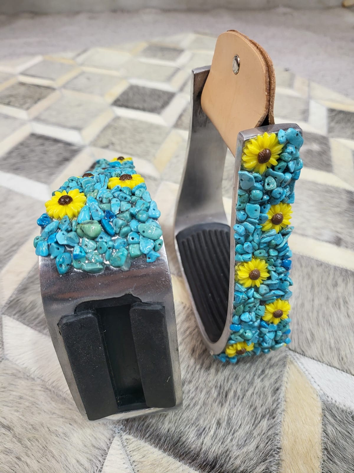 Western Aluminium Barrel Horse Stirrups with Turquoise Crushed stones &amp; Sunflower studs