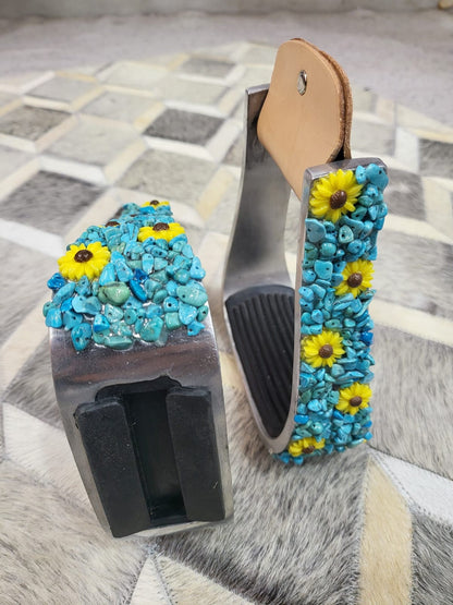 Western Aluminium Barrel Horse Stirrups with Turquoise Crushed stones &amp; Sunflower studs