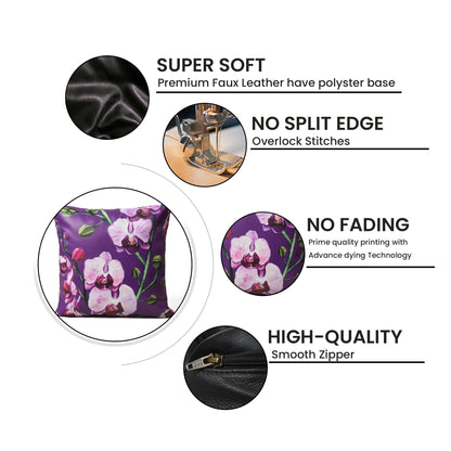 MOUSM Faux Leather Cushion Cover – 18x18 Inches Decorative Purple Floral Print with Lavender Orchids – Square Accent Pillow Case for Living Room, Bedroom, Sofa &amp; Couch – Elegant Luxury Look