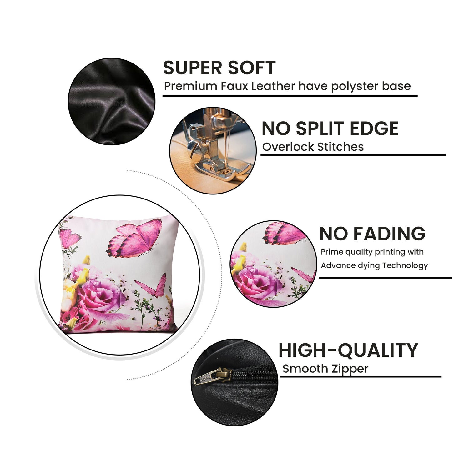 MOUSM Faux Leather Cushion Cover – 18x18 Inches Pink Floral &amp; Butterfly Print – Zen-Inspired Decorative Throw Pillow Case for Sofa, Bed, or Car – Luxury Square Pillow Cover