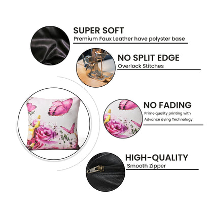 MOUSM Faux Leather Cushion Cover – 18x18 Inches Pink Floral &amp; Butterfly Print – Zen-Inspired Decorative Throw Pillow Case for Sofa, Bed, or Car – Luxury Square Pillow Cover