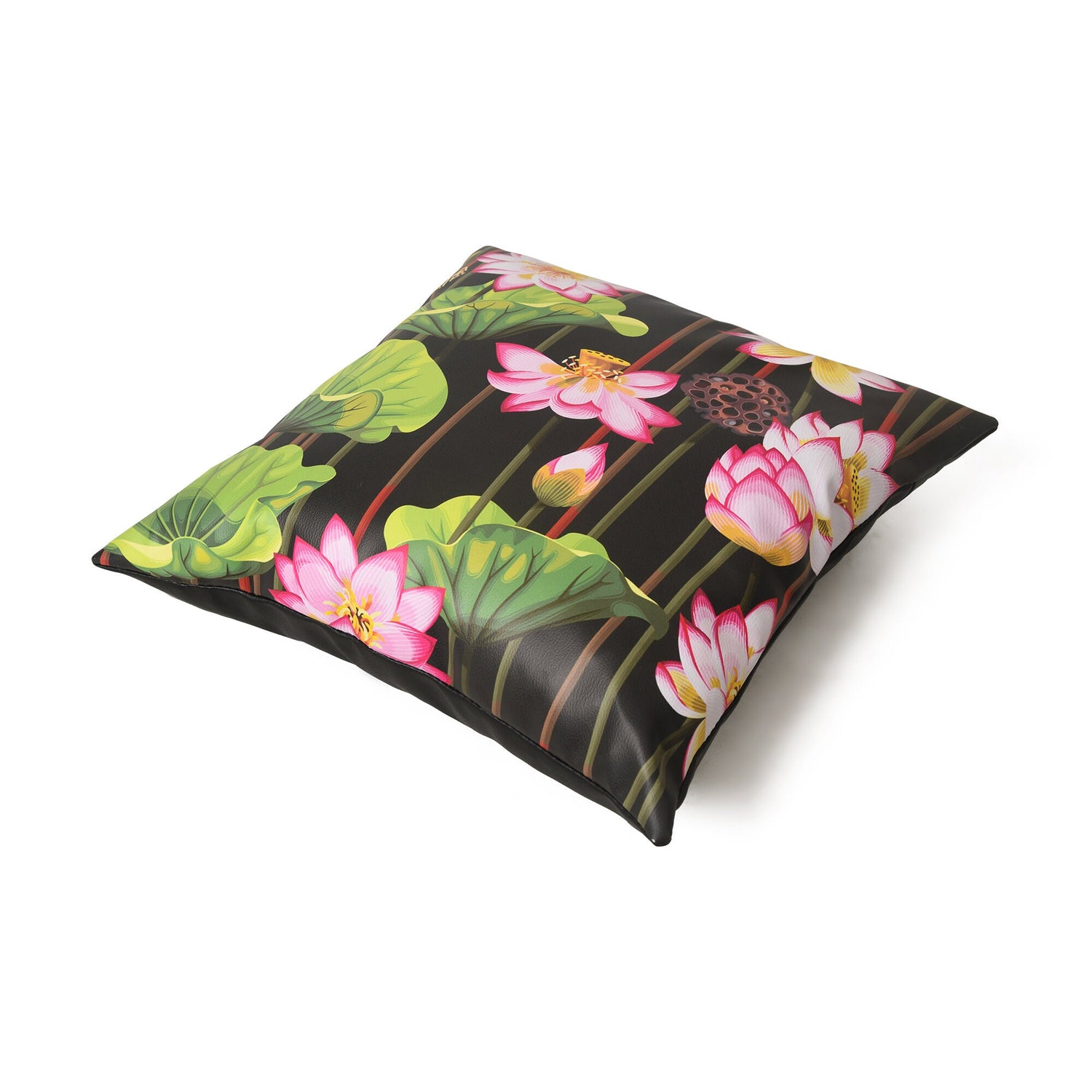 MOUSM Faux Leather Cushion Cover – 18x18 Inches Pink Lotus &amp; Snow Botanical Print – Modern Decorative Throw Pillowcase for Sofa, Living Room, or Bedroom