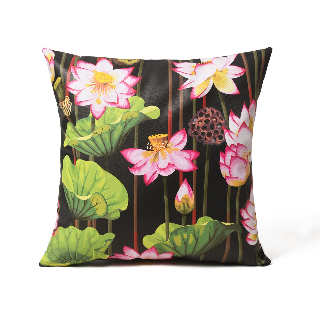 MOUSM Faux Leather Cushion Cover – 18x18 Inches Pink Lotus &amp; Snow Botanical Print – Modern Decorative Throw Pillowcase for Sofa, Living Room, or Bedroom