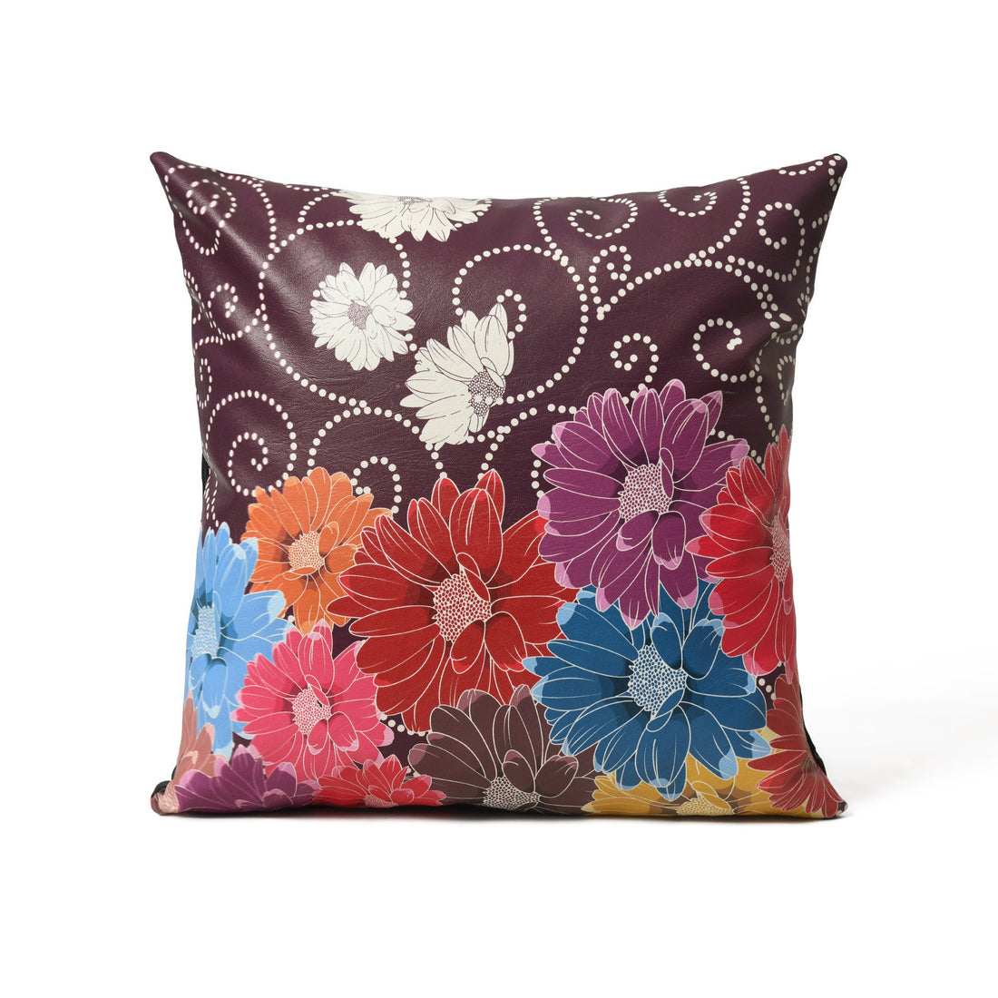 MOUSM Faux Leather Cushion Cover - 18x18 Inches Square Throw Pillowcase, Cushion Cover with Multi-Color Flower Print for Sofa, Couch, Bed, Office &amp; Living Room Décor