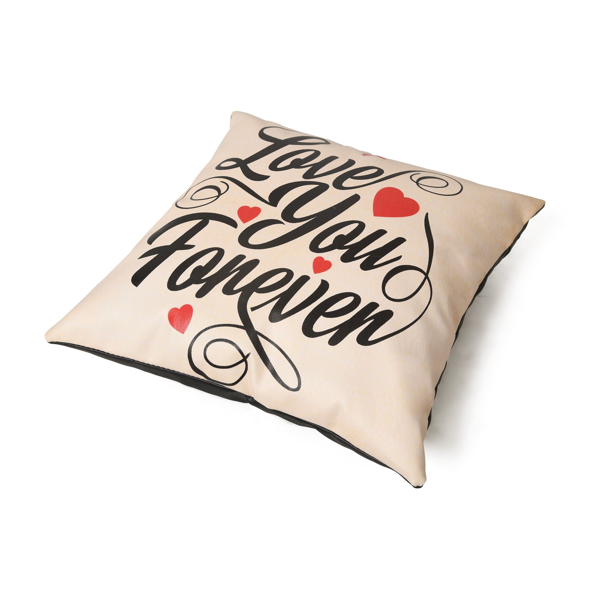 MOUSM Faux Leather Cushion Cover - 18x18 inches Square Throw Pillowcase, Love You Forever Printed Romantic Square Throw Pillow Cover for Couch, Sofa, Bed &amp; Gifting