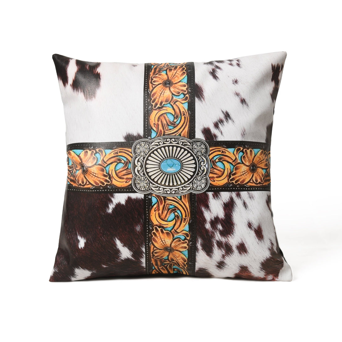 MOUSM Faux Leather Cushion Cover – 18x18 Inches Square Throw Pillowcase, Royal Western Cross and Cowhide Hair-On Print Decorative Cushion for Living Room, Bedroom, Sofa &amp; Boho Gifting
