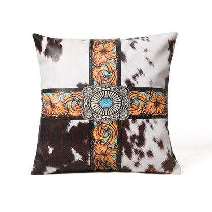 MOUSM Faux Leather Cushion Cover – 18x18 Inches Square Throw Pillowcase, Royal Western Cross and Cowhide Hair-On Print Decorative Cushion for Living Room, Bedroom, Sofa &amp; Boho Gifting