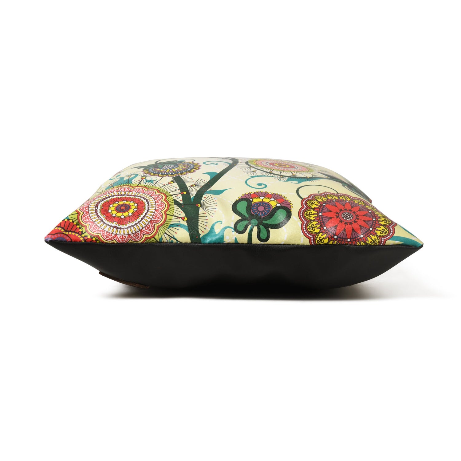MOUSM Faux Leather Cushion Cover – 18x18 Inches Square Throw Pillowcase, Abstract Art with Mandala &amp; Royal Buds Print Boho Decorative Pillow Cover for Sofa, Couch, Bedroom &amp; Positive Vibes Décor