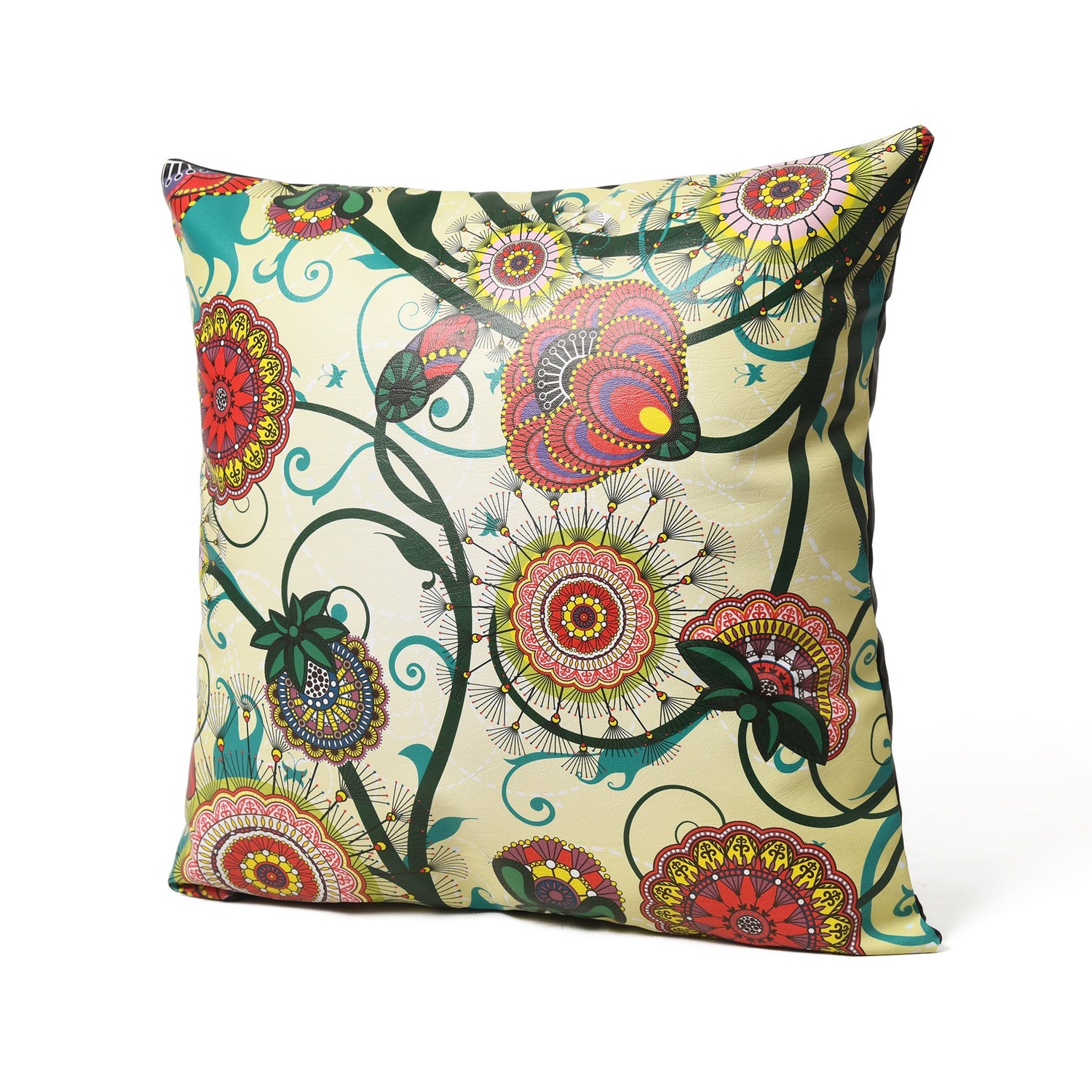 MOUSM Faux Leather Cushion Cover – 18x18 Inches Square Throw Pillowcase, Abstract Art with Mandala &amp; Royal Buds Print Boho Decorative Pillow Cover for Sofa, Couch, Bedroom &amp; Positive Vibes Décor