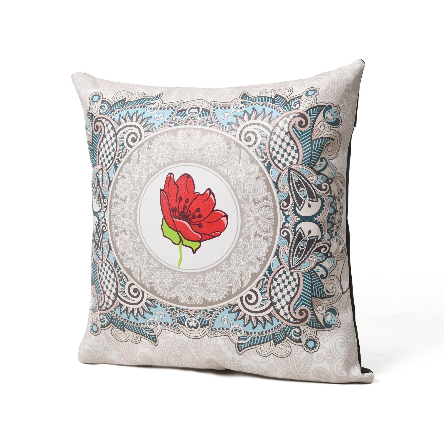 MOUSM Faux Leather Cushion Cover – 18x18 Inches Square Throw Pillowcase, Royal Red Luck Blossom Flower in Centre Print Decorative Pillow Cover for Sofa, Couch, Bed &amp; Festive Gifting