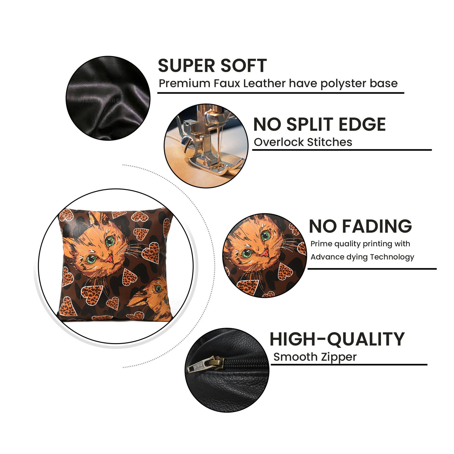 MOUSM Faux Leather Cushion Cover – 18x18 Inches Square Throw Pillowcase, Orange Abstract Cat &amp; Heart Love Vibes Print Decorative Pillow Cover for Couch, Sofa, Pet Corners &amp; Fall Gifting