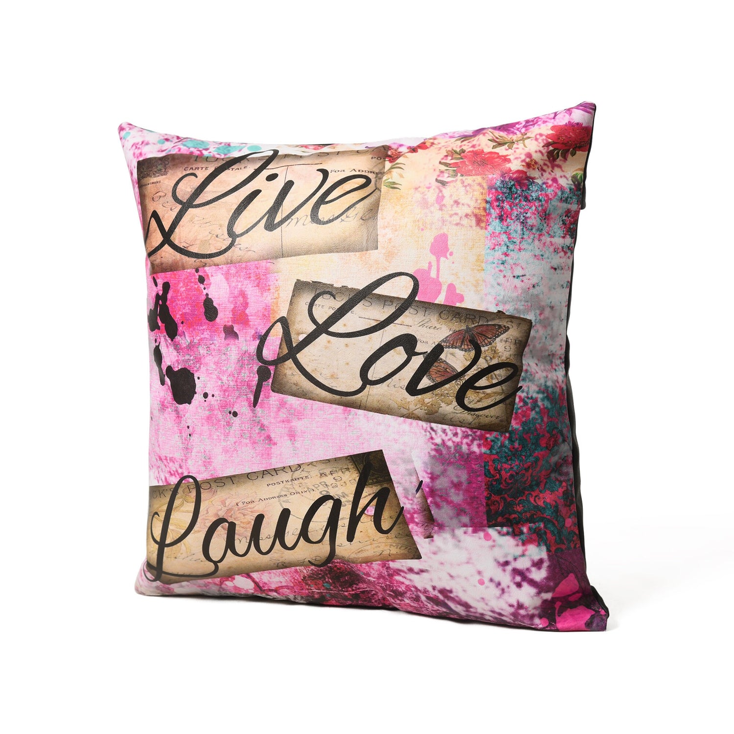 MOUSM Faux Leather Cushion Cover – 18x18 Inches Pink Live Laugh Love Print Square Throw Pillowcase, Decorative Cushion Cover for Wedding, Anniversary, Housewarming &amp; Home Décor Gifting