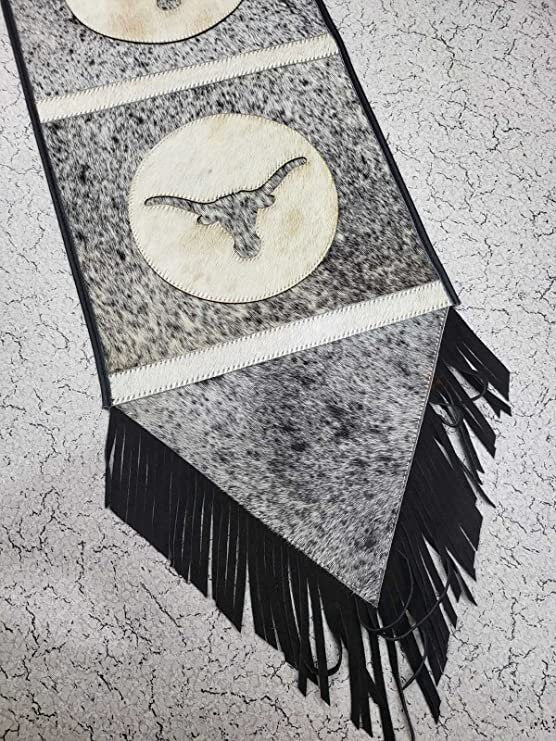 MOUSM Real Cow Hide Leather Embroidered Table Runner 72 inches, Bull Head Cutout Patches with Hand Tassels for Farmhouse Rustic Wedding