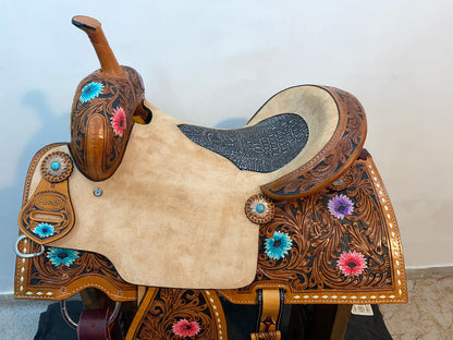 Western Saddle tack, Real handcrafted on real genuine Leather, Barrel Saddle for Horse Riders with Floral back Billet 3&quot; Wide Back Girth
