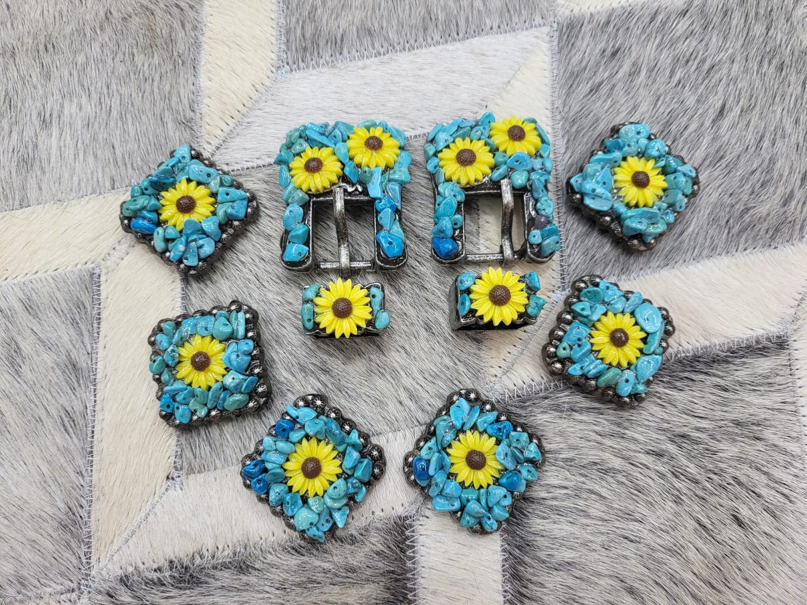 Vintage Decorated with Crushed Floral Turquoise Stone and Sunflower Design Studs Saddle Set Of Square Shape Conchos Handmade Southwest