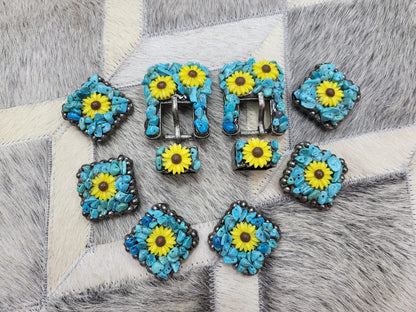 Vintage Decorated with Crushed Floral Turquoise Stone and Sunflower Design Studs Saddle Set Of Square Shape Conchos Handmade Southwest