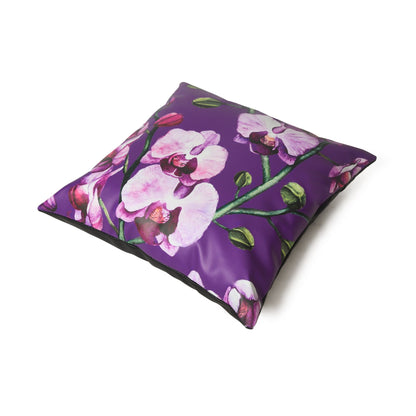 MOUSM Faux Leather Cushion Cover – 18x18 Inches Decorative Purple Floral Print with Lavender Orchids – Square Accent Pillow Case for Living Room, Bedroom, Sofa &amp; Couch – Elegant Luxury Look