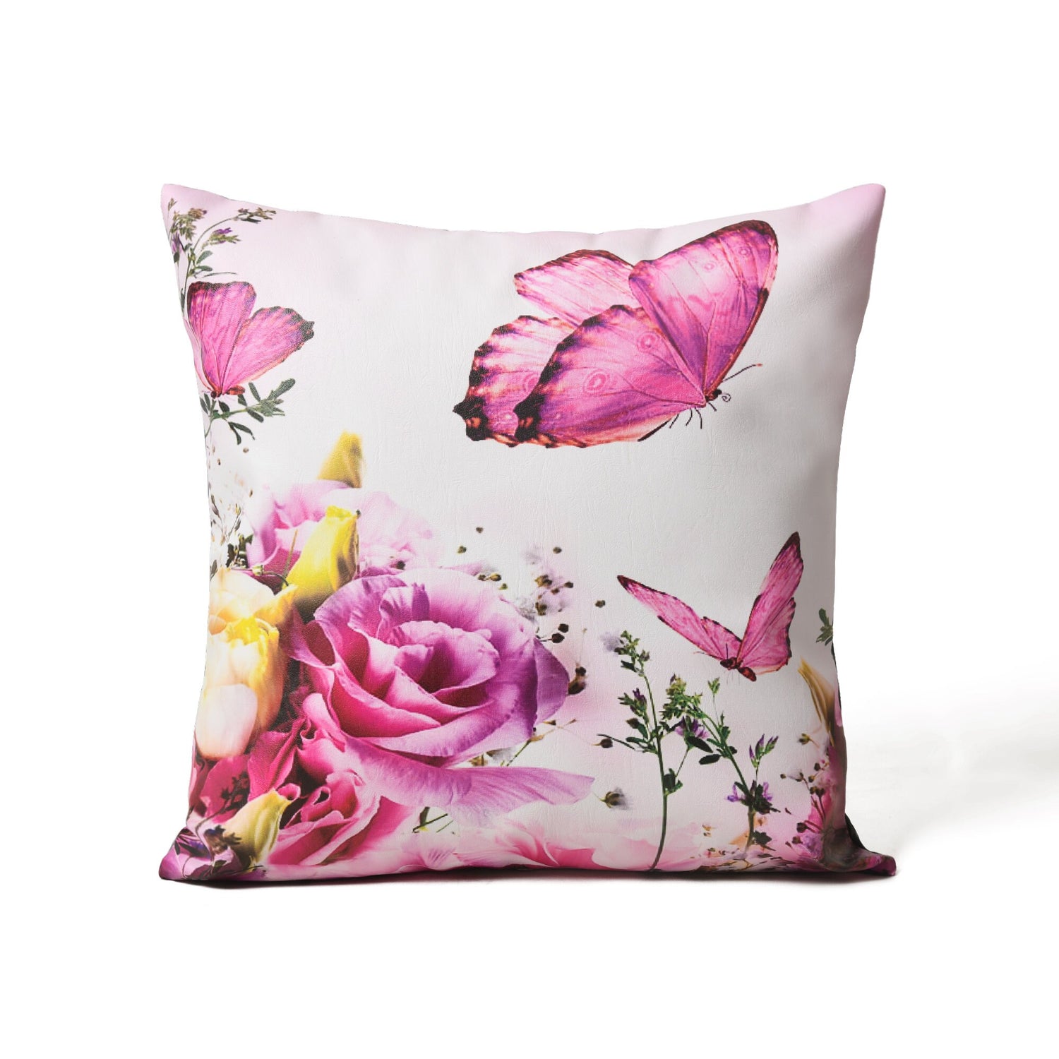MOUSM Faux Leather Cushion Cover – 18x18 Inches Pink Floral &amp; Butterfly Print – Zen-Inspired Decorative Throw Pillow Case for Sofa, Bed, or Car – Luxury Square Pillow Cover