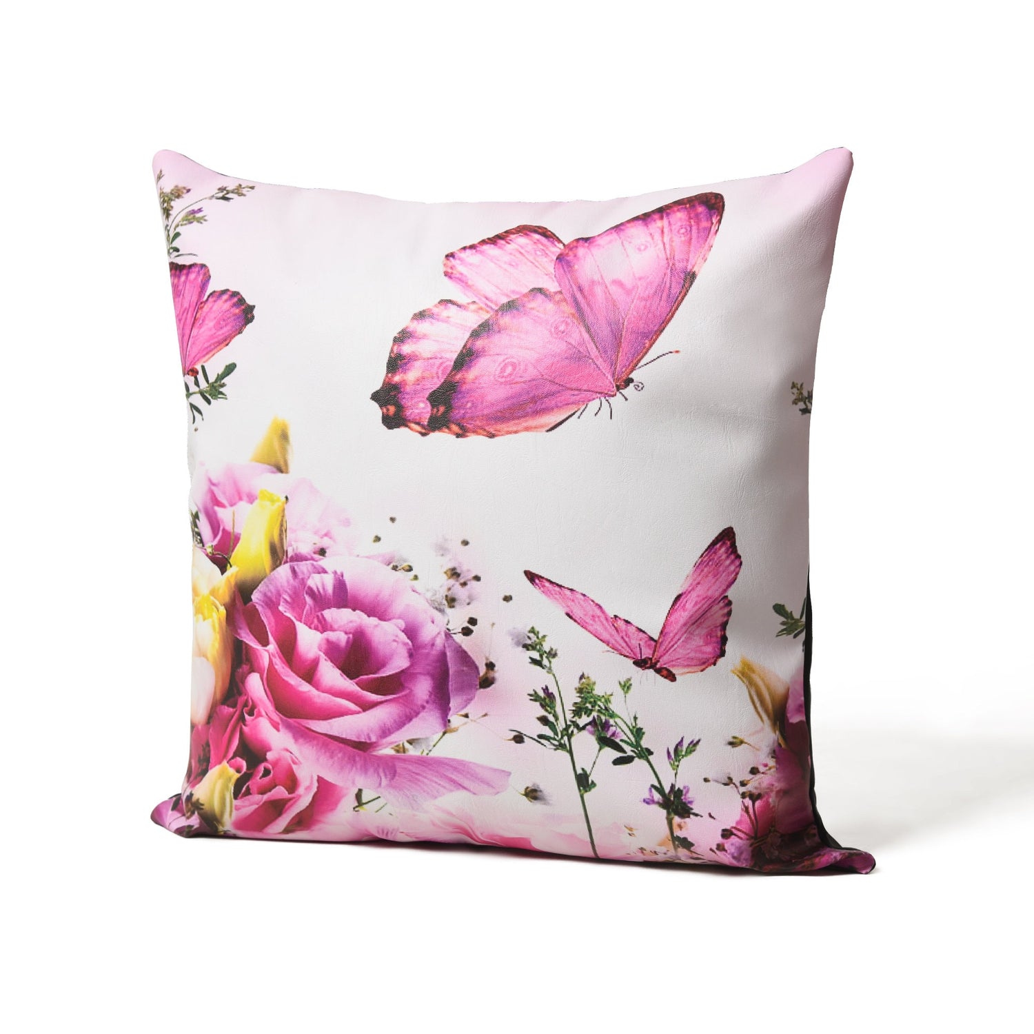 MOUSM Faux Leather Cushion Cover – 18x18 Inches Pink Floral &amp; Butterfly Print – Zen-Inspired Decorative Throw Pillow Case for Sofa, Bed, or Car – Luxury Square Pillow Cover