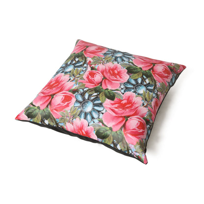 MOUSM Faux Leather Cushion Cover – 18x18 Inches Square Throw Pillowcase, Blooming Pink Roses with Green Leaves Print Decorative Pillow Cover for Sofa, Couch, Bedroom &amp; Gifting