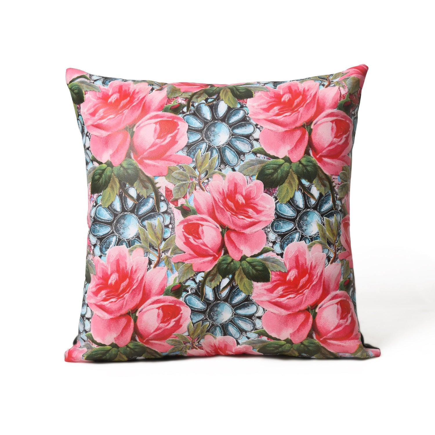 MOUSM Faux Leather Cushion Cover – 18x18 Inches Square Throw Pillowcase, Blooming Pink Roses with Green Leaves Print Decorative Pillow Cover for Sofa, Couch, Bedroom &amp; Gifting
