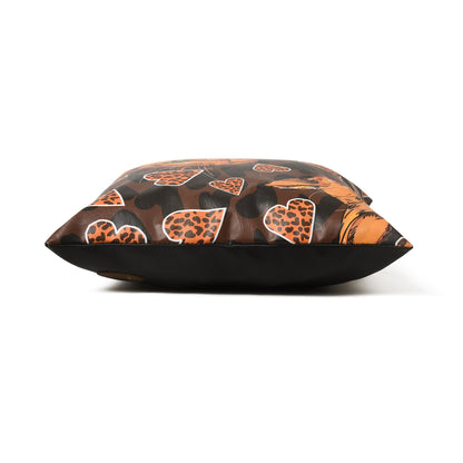 MOUSM Faux Leather Cushion Cover – 18x18 Inches Square Throw Pillowcase, Orange Abstract Cat &amp; Heart Love Vibes Print Decorative Pillow Cover for Couch, Sofa, Pet Corners &amp; Fall Gifting