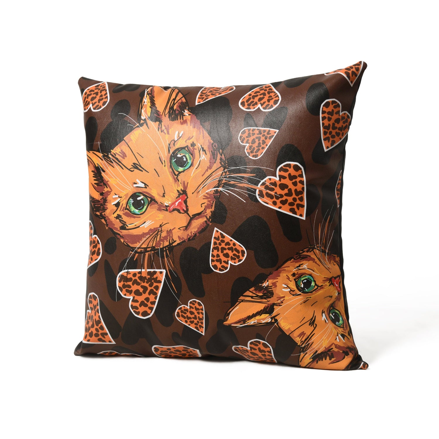 MOUSM Faux Leather Cushion Cover – 18x18 Inches Square Throw Pillowcase, Orange Abstract Cat &amp; Heart Love Vibes Print Decorative Pillow Cover for Couch, Sofa, Pet Corners &amp; Fall Gifting