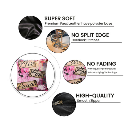 MOUSM Faux Leather Cushion Cover – 18x18 Inches Pink Live Laugh Love Print Square Throw Pillowcase, Decorative Cushion Cover for Wedding, Anniversary, Housewarming &amp; Home Décor Gifting