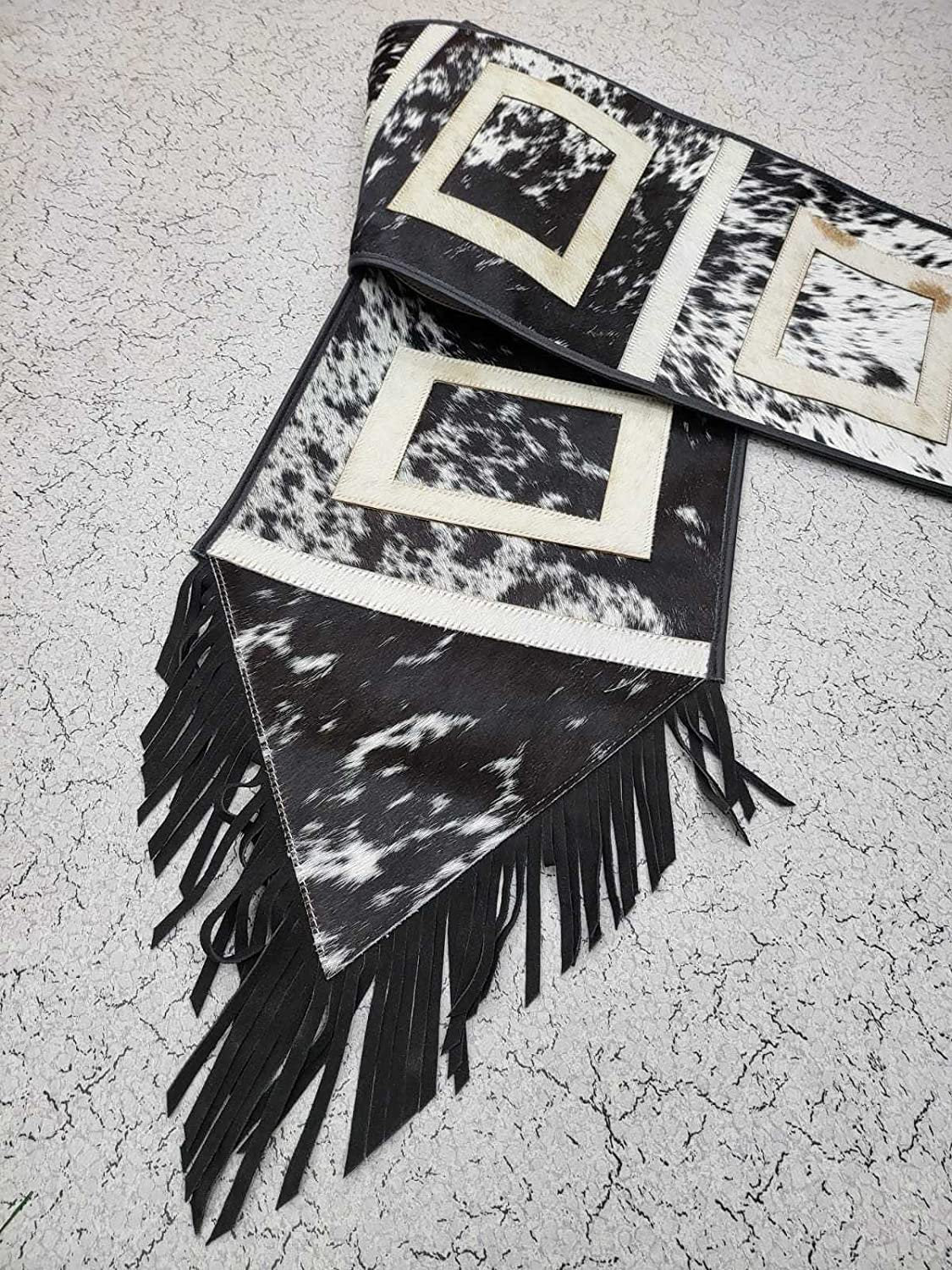 MOUSM Real Cow Hide Leather Embroidered Table Runner 72 inches- Square Cut with Hand Tassels for Farmhouse Rustic,Table Decoration
