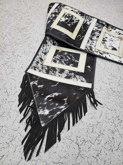 MOUSM Real Cow Hide Leather Embroidered Table Runner 72 inches- Square Cut with Hand Tassels for Farmhouse Rustic,Table Decoration